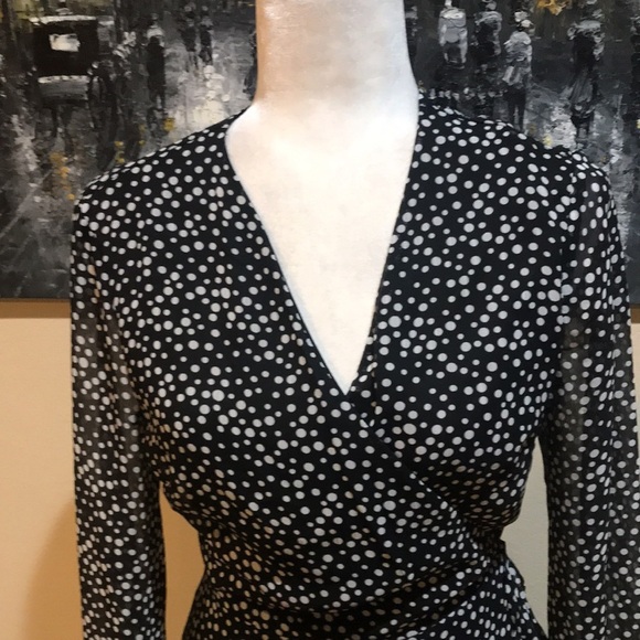 All in Favor Black and White Polkadot Sheer Wrap with Lining Midi Dress-Size M - Picture 2 of 9